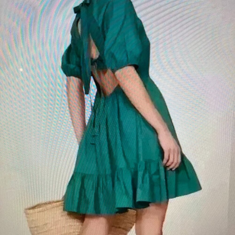 Peter Som Dark Green-Blue Mini Dress Puff Sleeves Women Size 6 - Picture 2 of 15